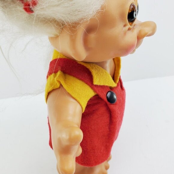 Troll Doll Thomas Dam Denmark Smiling Felt Dress Hair Bows Vintage Approx 8" - Picture 8 of 12